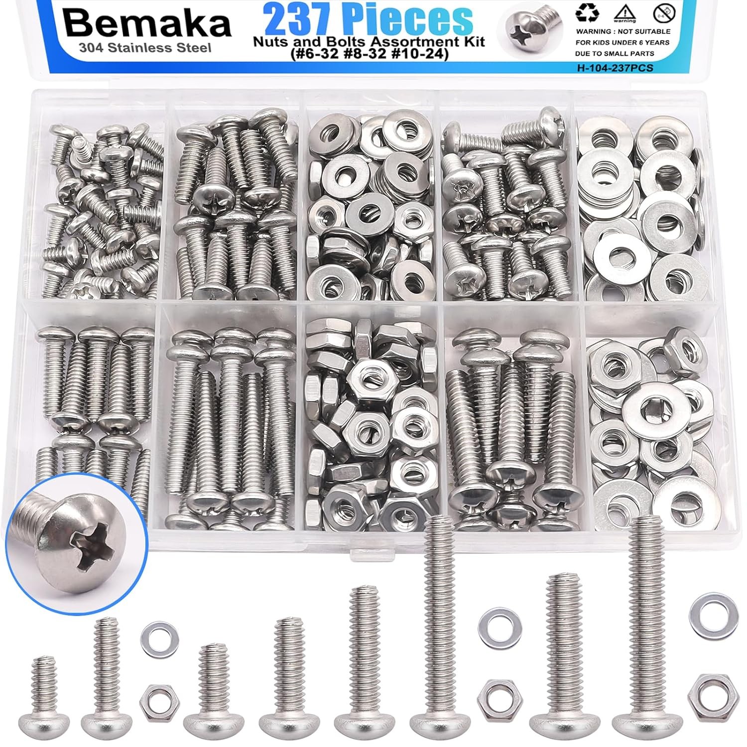 Nuts and Bolts Assortment Kit, 304 Stainless Steel Bolts 8Sizes #6-32#8-32#10-24