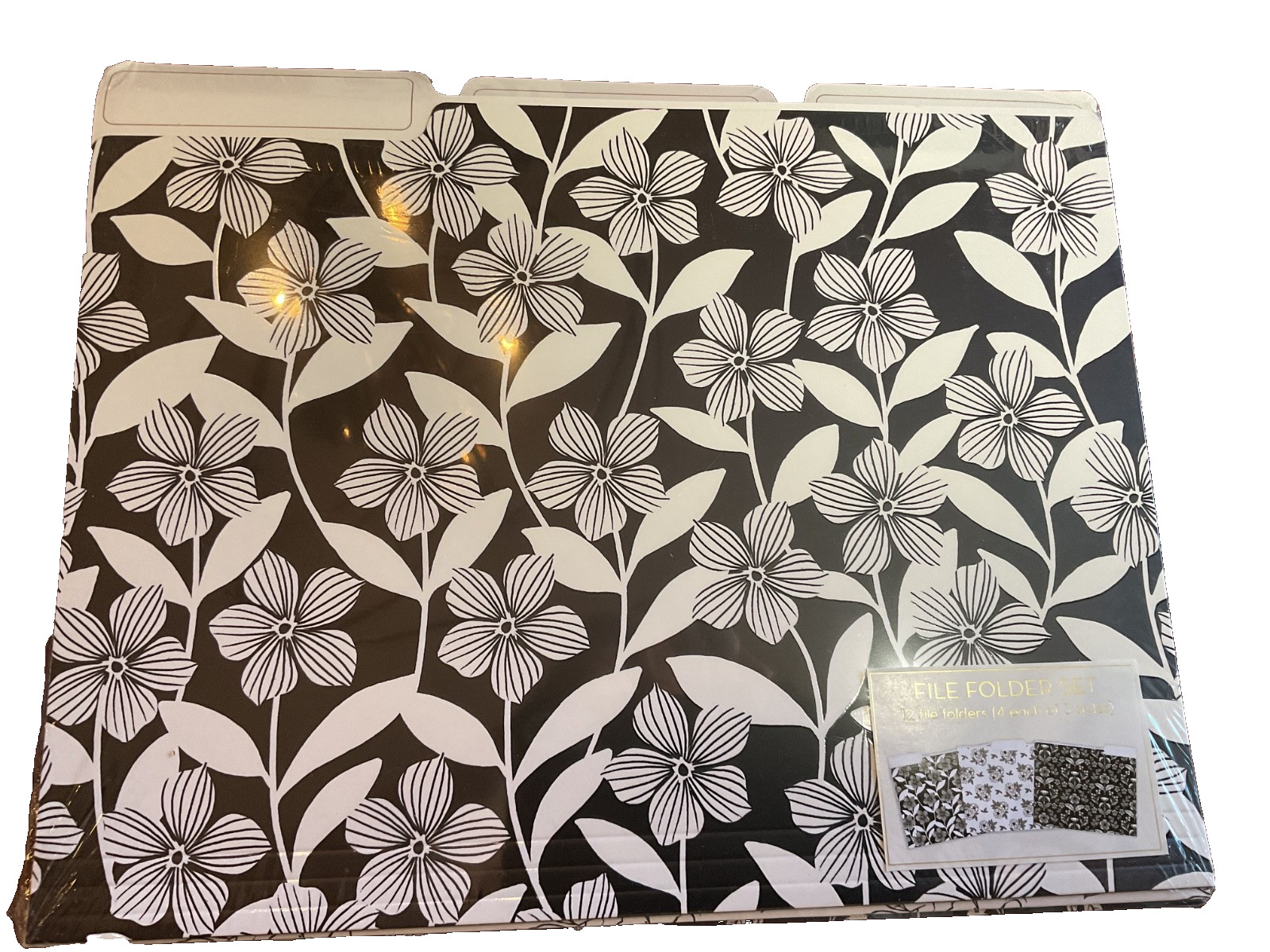 GOOSEBERRY MOON File Folders (12) BLACK WHITE FLOWERS 3 STYLES 4 OF EACH NIP