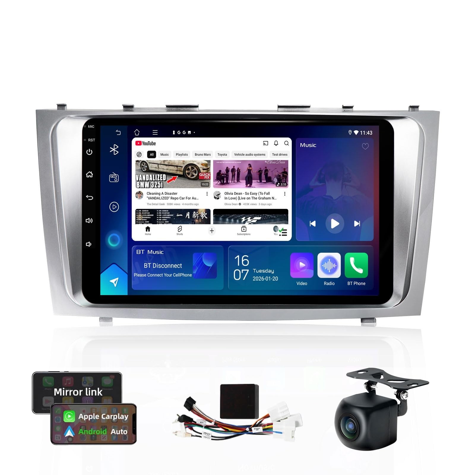 4+64G Car Radio for Toyota Camry 2007-2011 with J-B-L Harness, 9'' Touch Scre...
