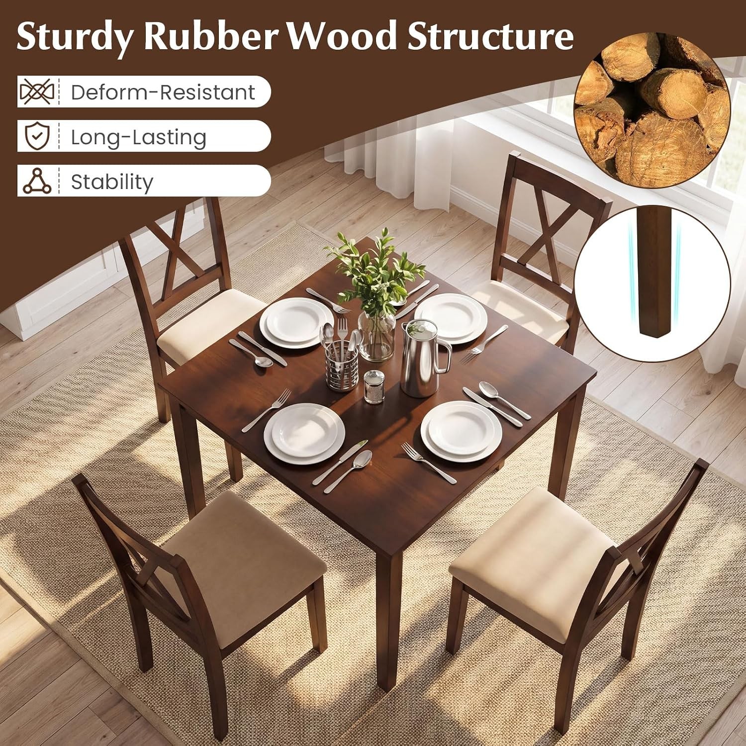 Dining Table for 4, 35.5" Square Kitchen Table with Solid Rubber Wood Legs,