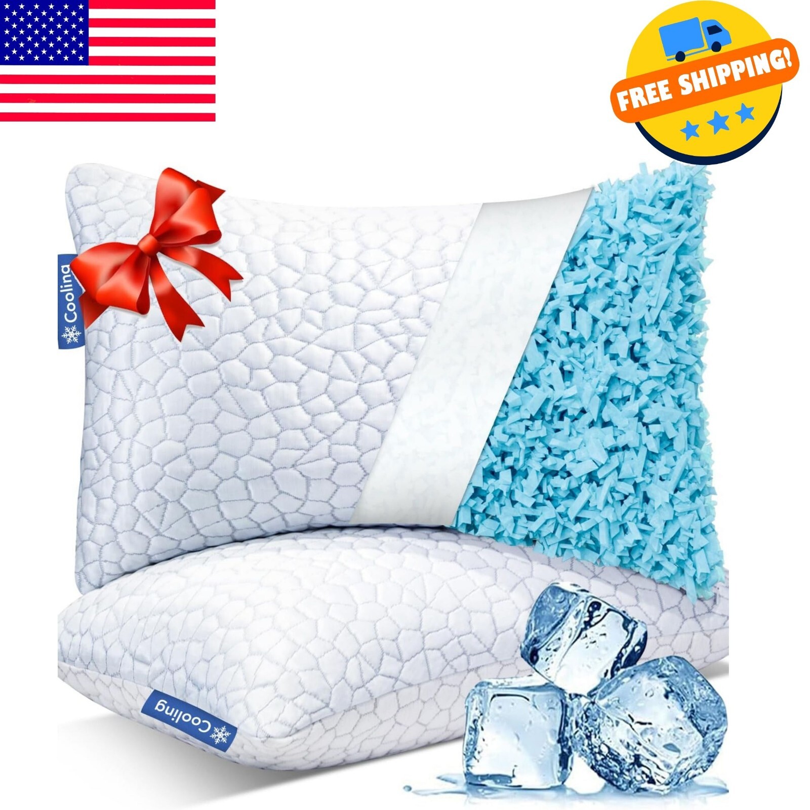 Cooling Pillows for Sleeping 2 Pack, Shredded Memory Foam Bed Pillows Queen Size