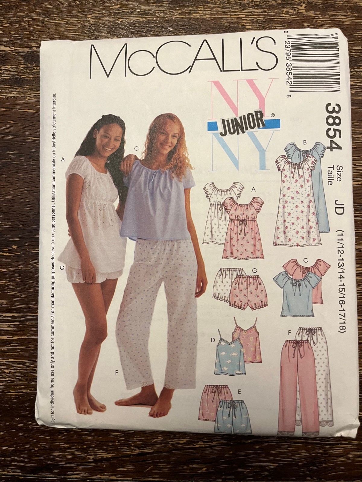 McCall's 3854 UNCUT Sewing Pattern, Junior's Nightgowns, Pajamas, Size 11-18
