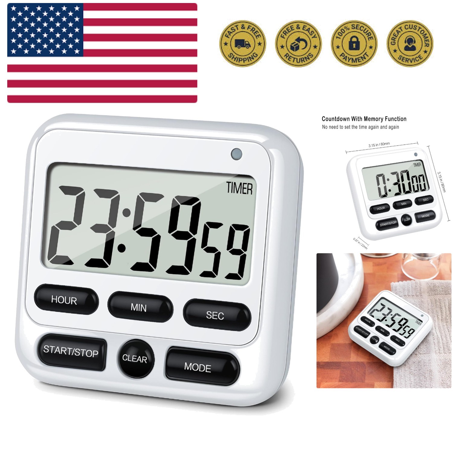 Digital Kitchen Timer with Mute/Loud Alarm Switch ON/Off Switch, 12-Hour Cloc...