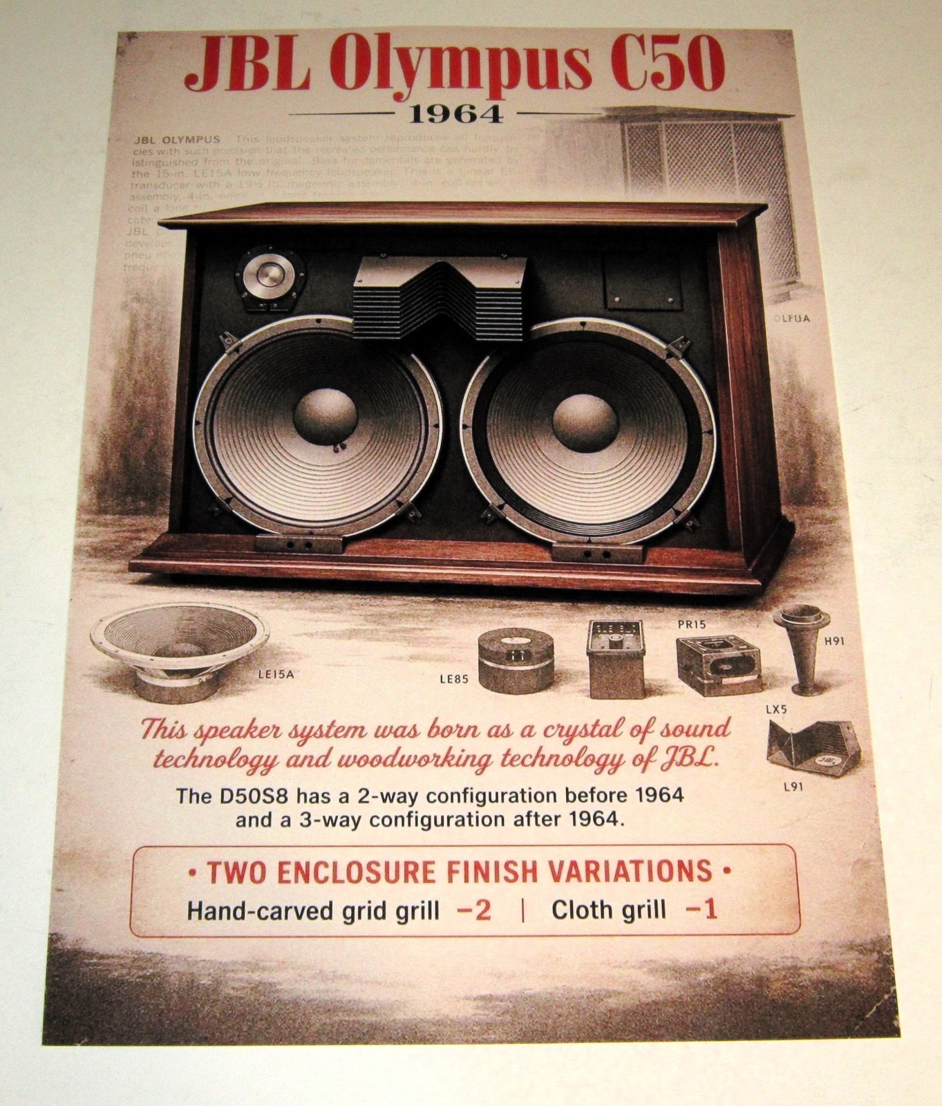JBL Olympus C50 Monitor (3 way) Poster 19" x 13" Audiophile Vintage Speaker! '64