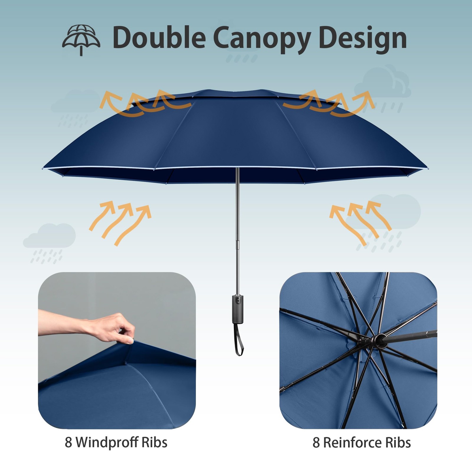 Urvoix Travel Umbrella Compact Windproof - Vented Double Canopy Large, Blue