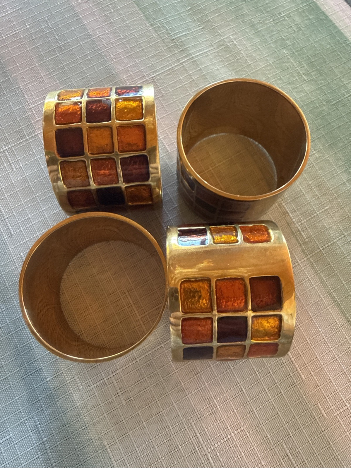 Brass Kemp & Beatley Napkin Ring Set of 4 TriColored Amber Enamel