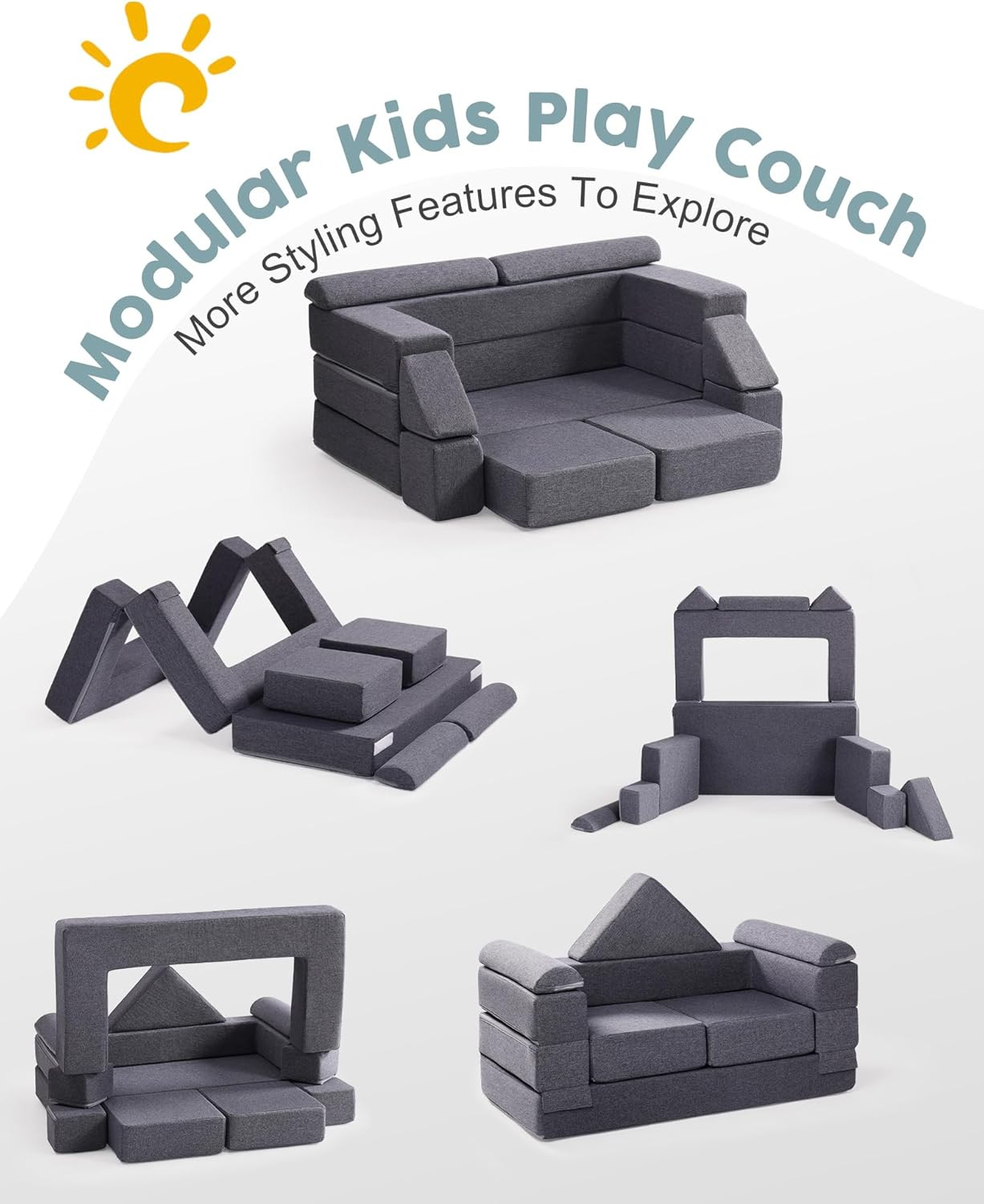 Kids Couch, Gray Modular Kids Play Couch, Diy-Style & Washable Toddler Sofa for