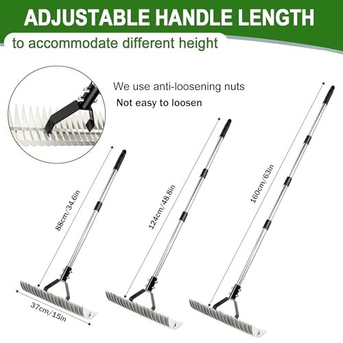 Adjustable Heavy Duty Thatch Rake - Lawn Dethatcher & Soil Rake for Garden Yard