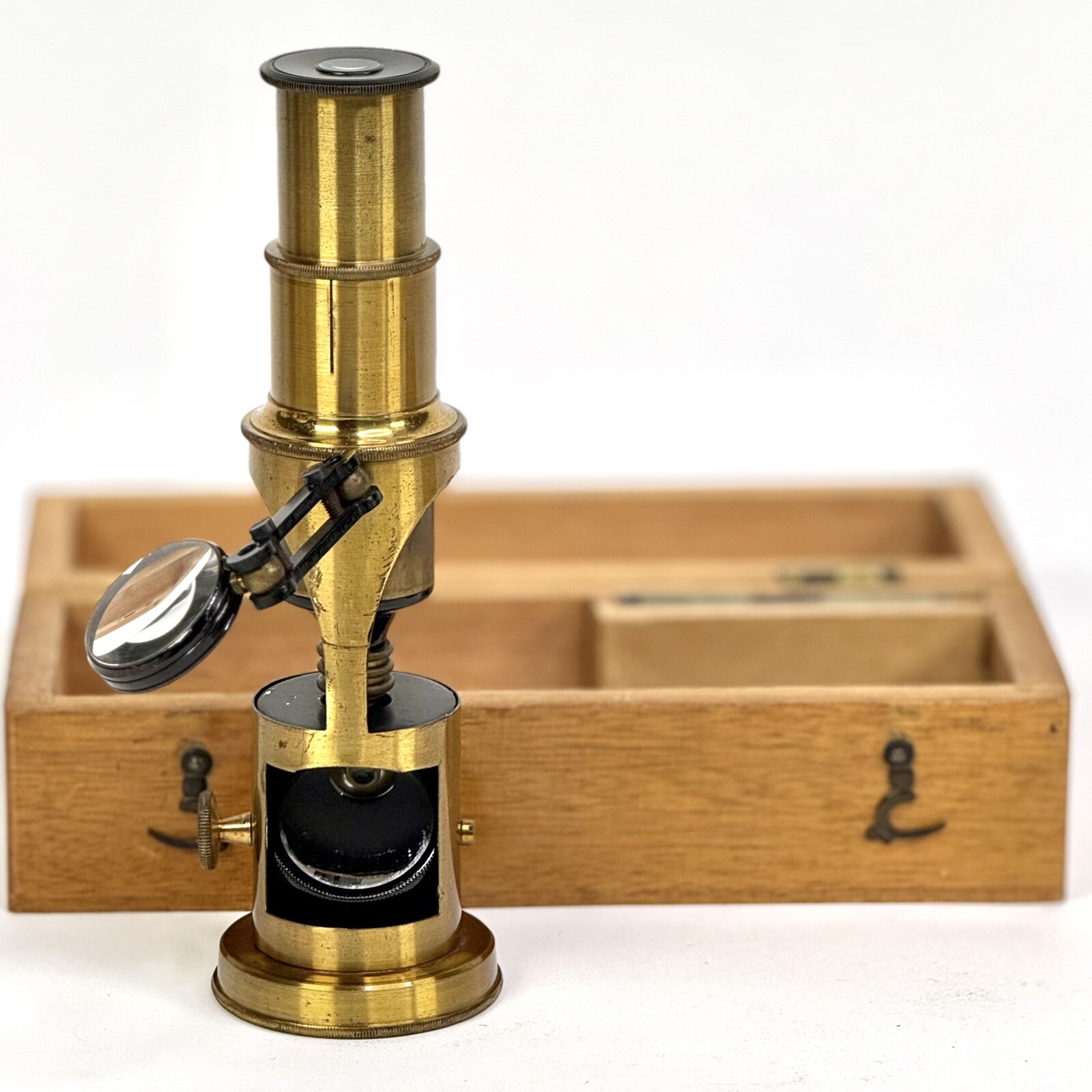 Antique Brass Field Microscope w/ Box & NOS Glass Slides France L Black Co. 6.5”