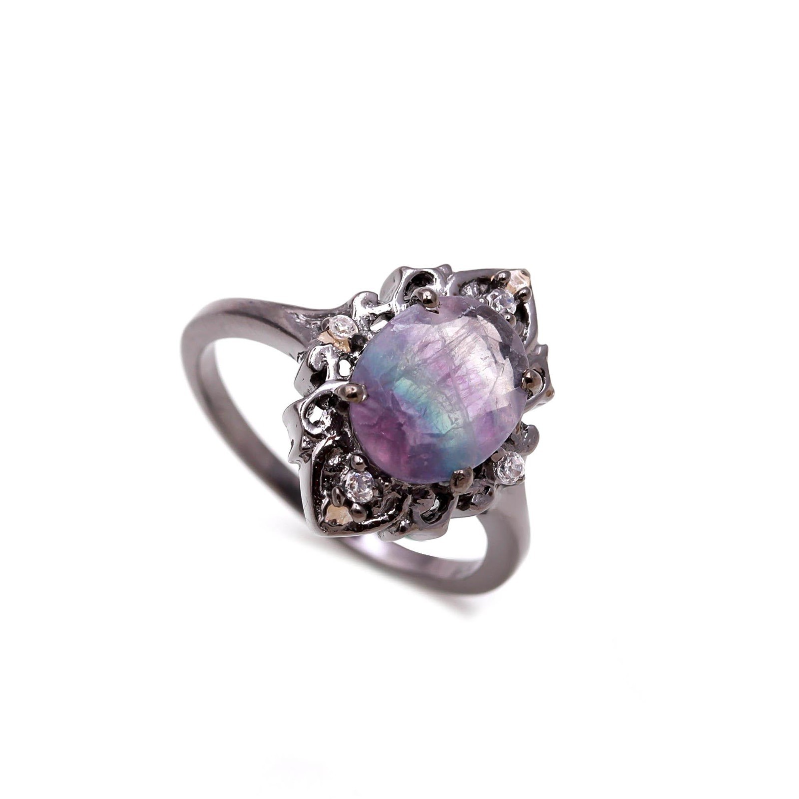 100% Natural Rainbow Fluorite Oval Ring Black Oxidized Solid Silver Jewelry