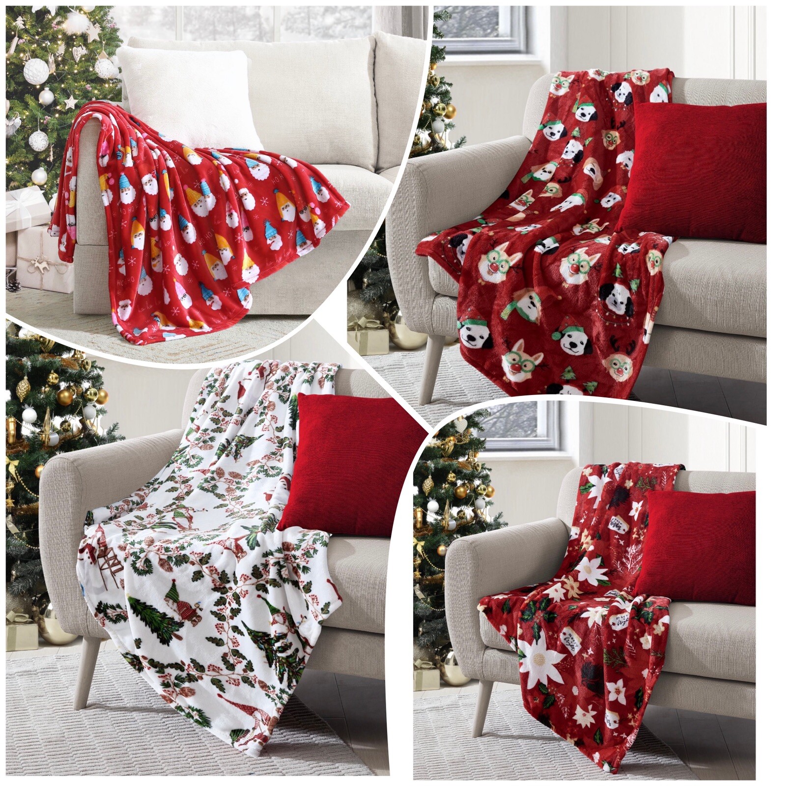 Holiday Time Super Soft Plush Throw Christmas Red Poinsettia Santa Face 50"x60"