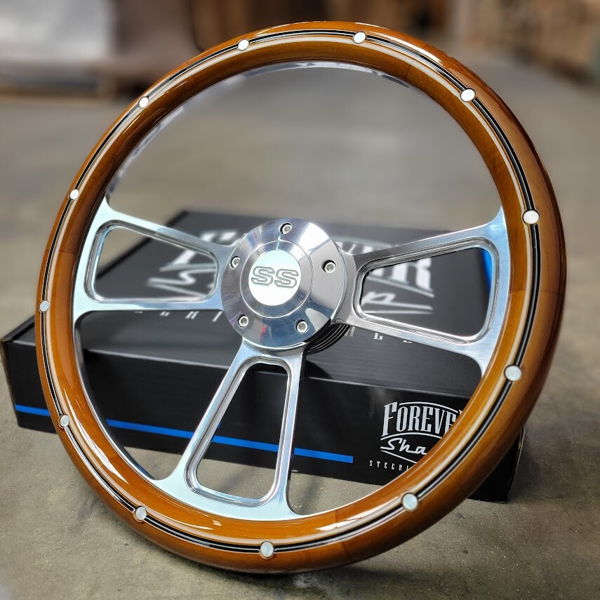 14" Billet Steering Wheel Chevy Wood Aluminum Rivets Half Wrap + SS Horn Button