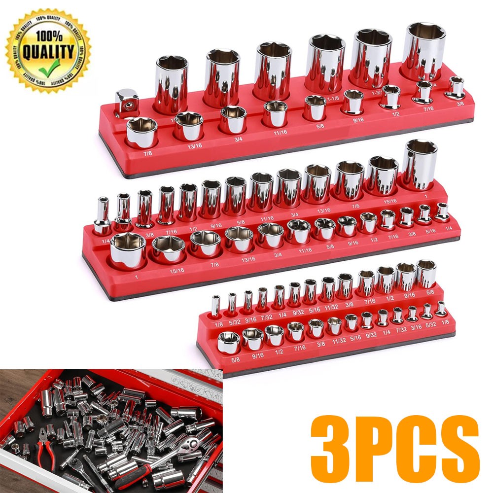 3pcs Red Magnetic Organizer Socket Holder 1/4 3/8 1/2 Drive SAE with 68slots