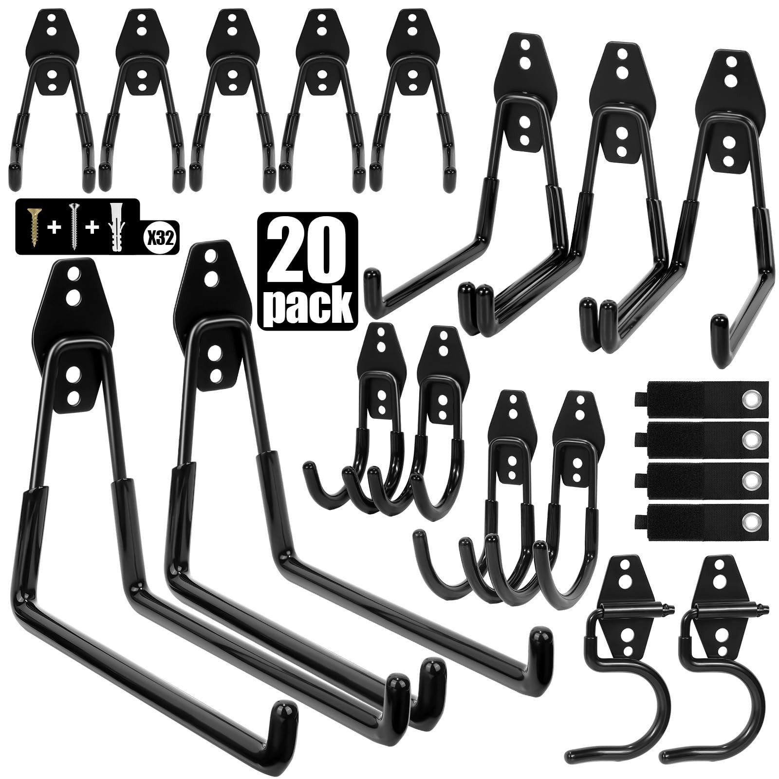 Heavy Duty Garage Hooks Storage, Anti-Slip Steel Wall Mount Multi-Size Utilit...
