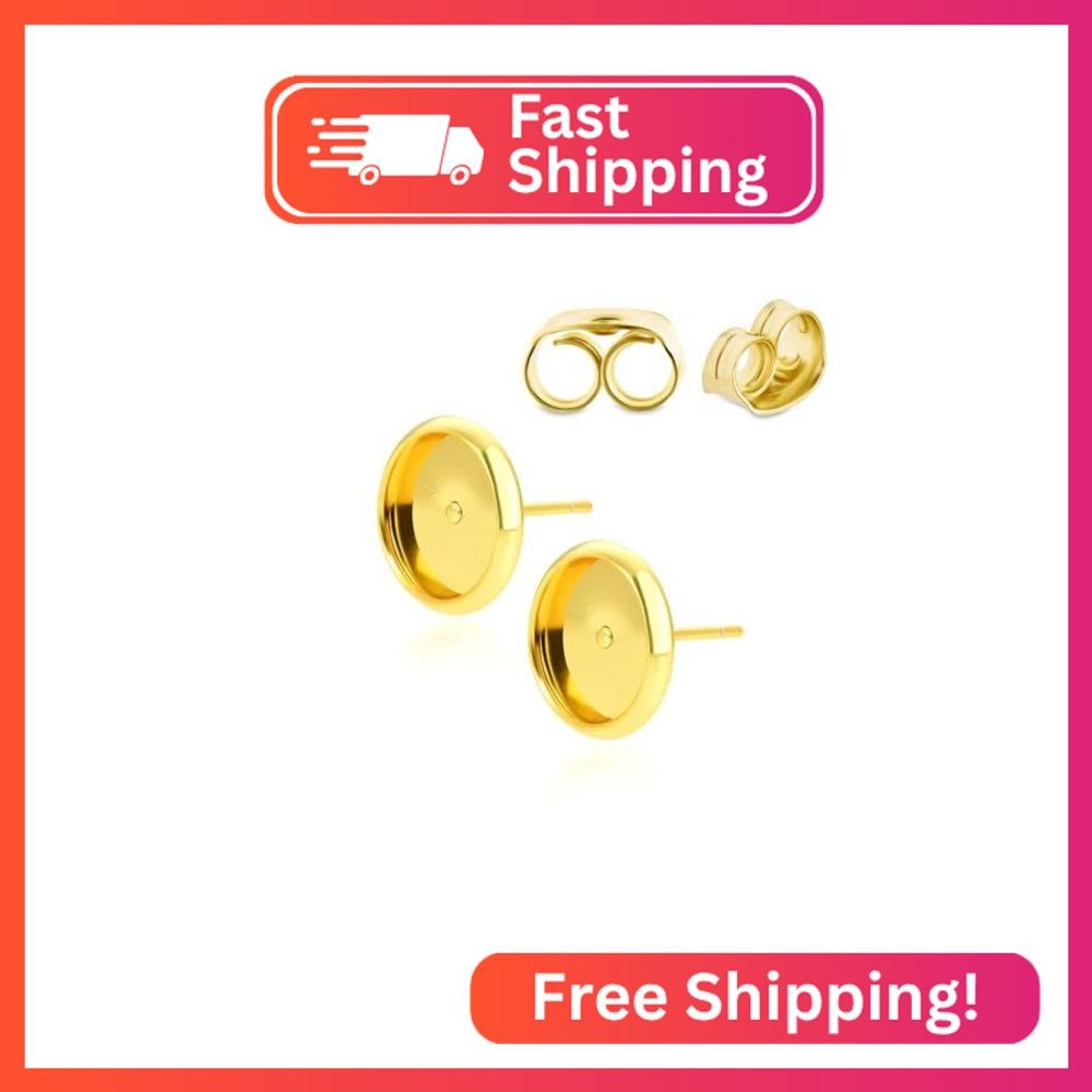 50pcs Tarnish Resistant Gold Earring Post Bezels for 10mm Round Cabochon