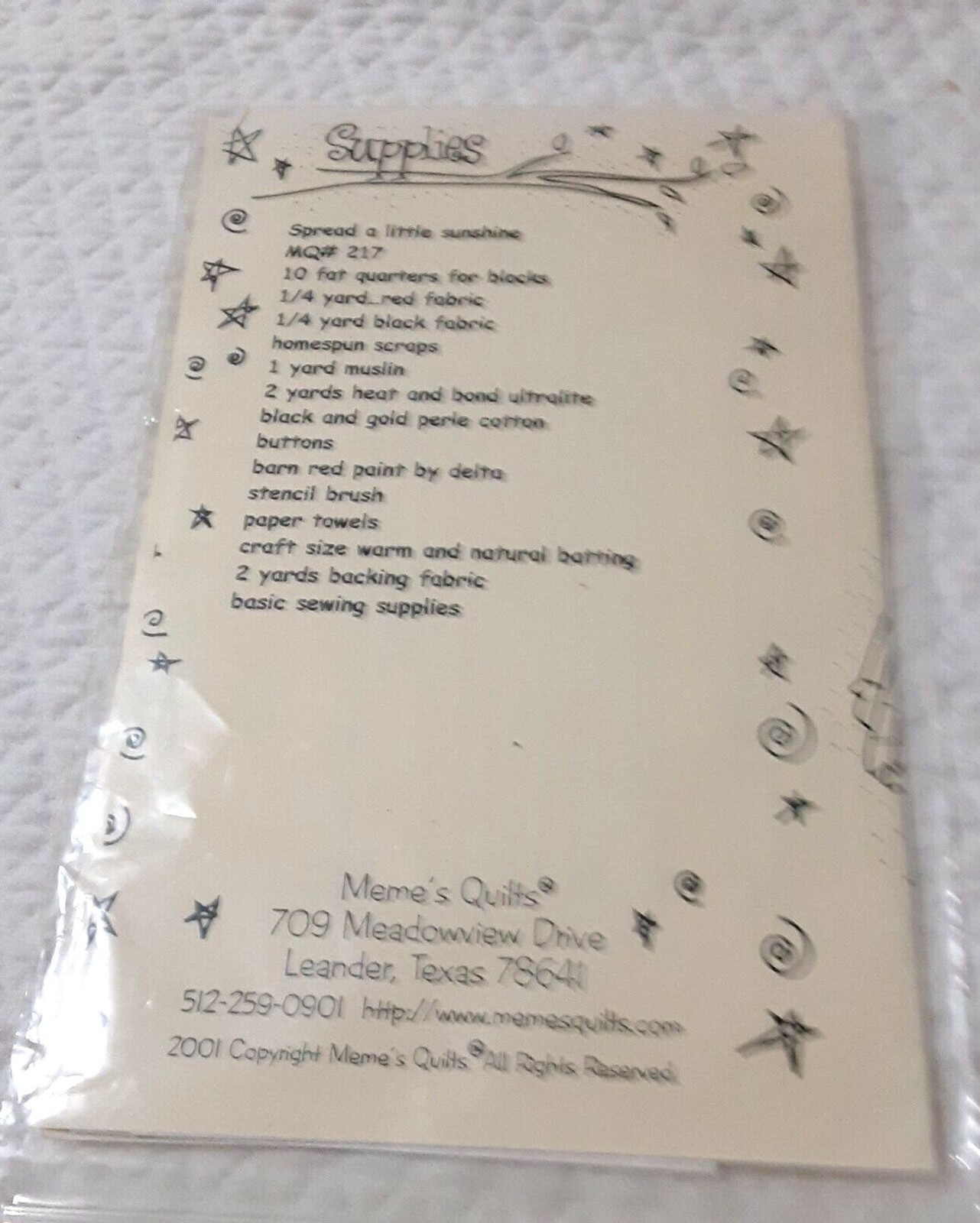 Meme's Quilts Spread A little sunshine quilt pattern #217 2001