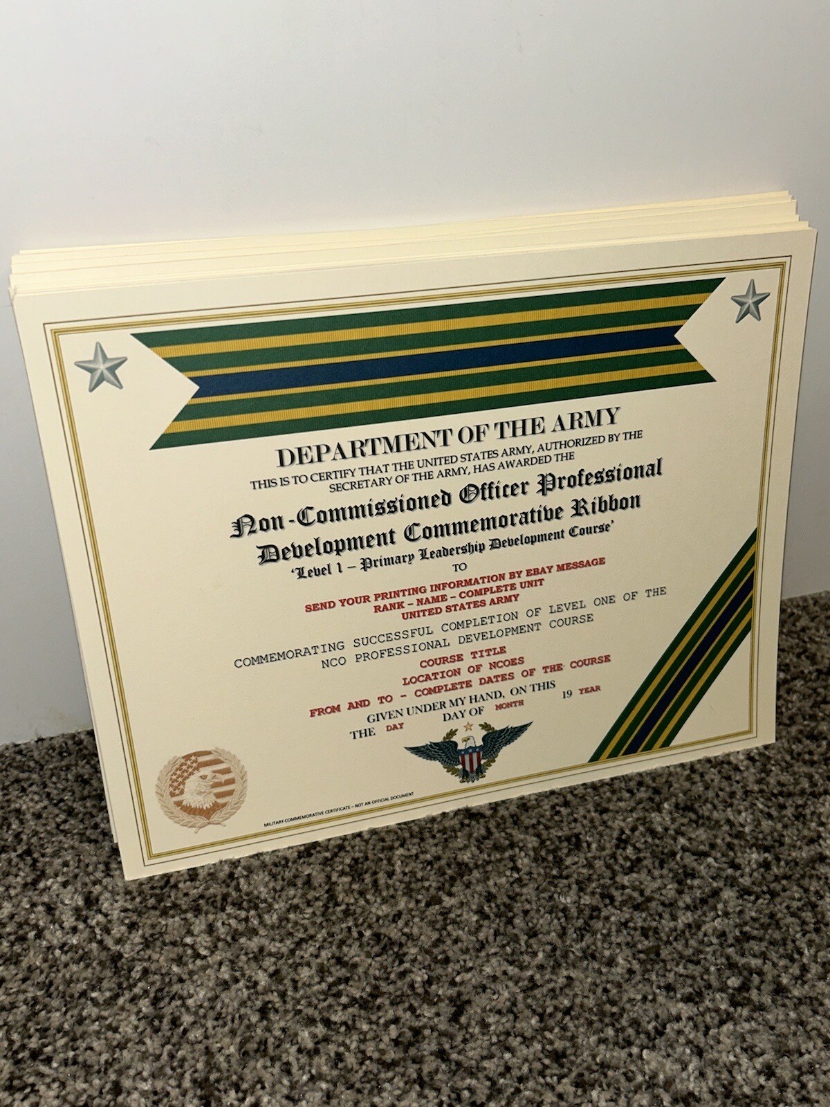 ARMY NCO PROFESSIONAL DEVELOPMENT COMMEMORATIVE CERTIFICATE ~ W/PRINTING TYPE-1