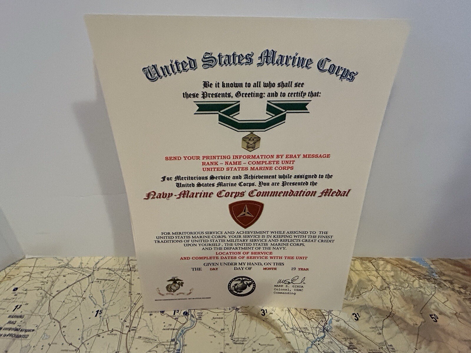 U.S.M.C. / NAVY COMMENDATION MEDAL CERTIFICATE - 3RD MARINE DIVISION
