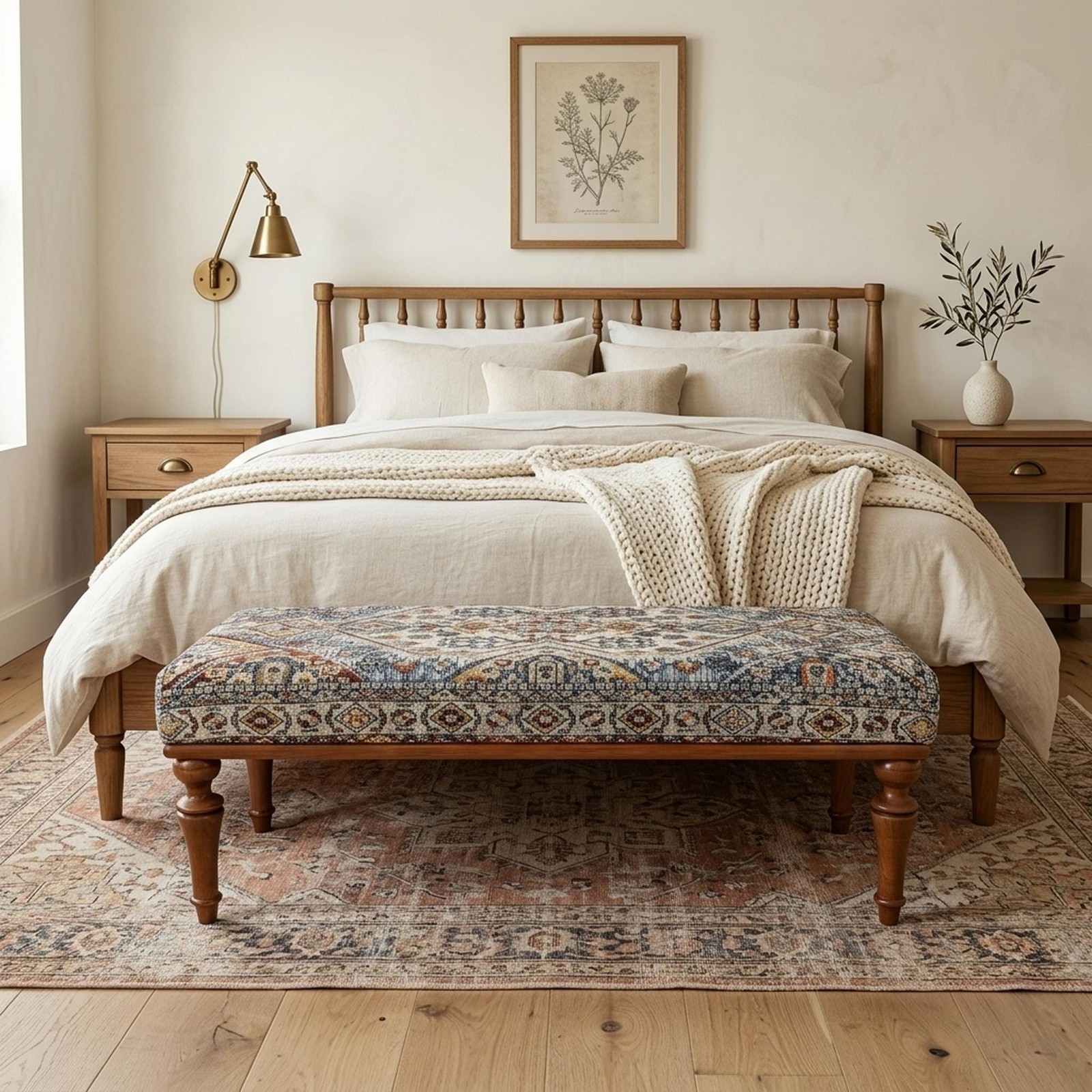 Handmade Ottoman Bench Turkish Upholstered Long Seat Printed Rug
