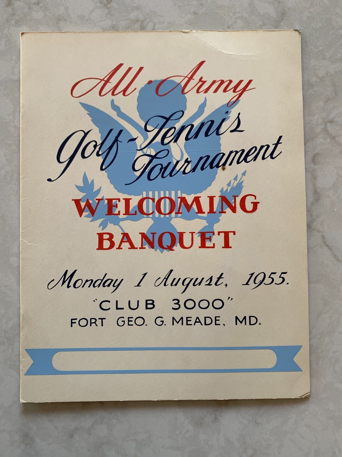 All-Army Golf-Tennis Tourney 'Welcome Banquet' program, Ft. Meade, MD, Aug. 1955