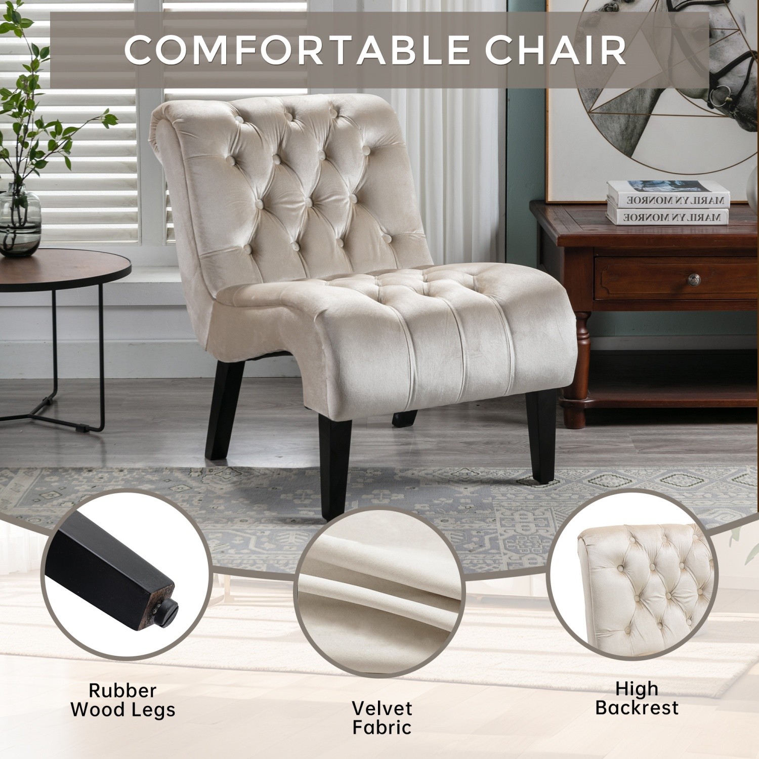 Armless Velvet Tufted Accent Chair Lounge Chair w/ Solid Wood Legs for Apartment
