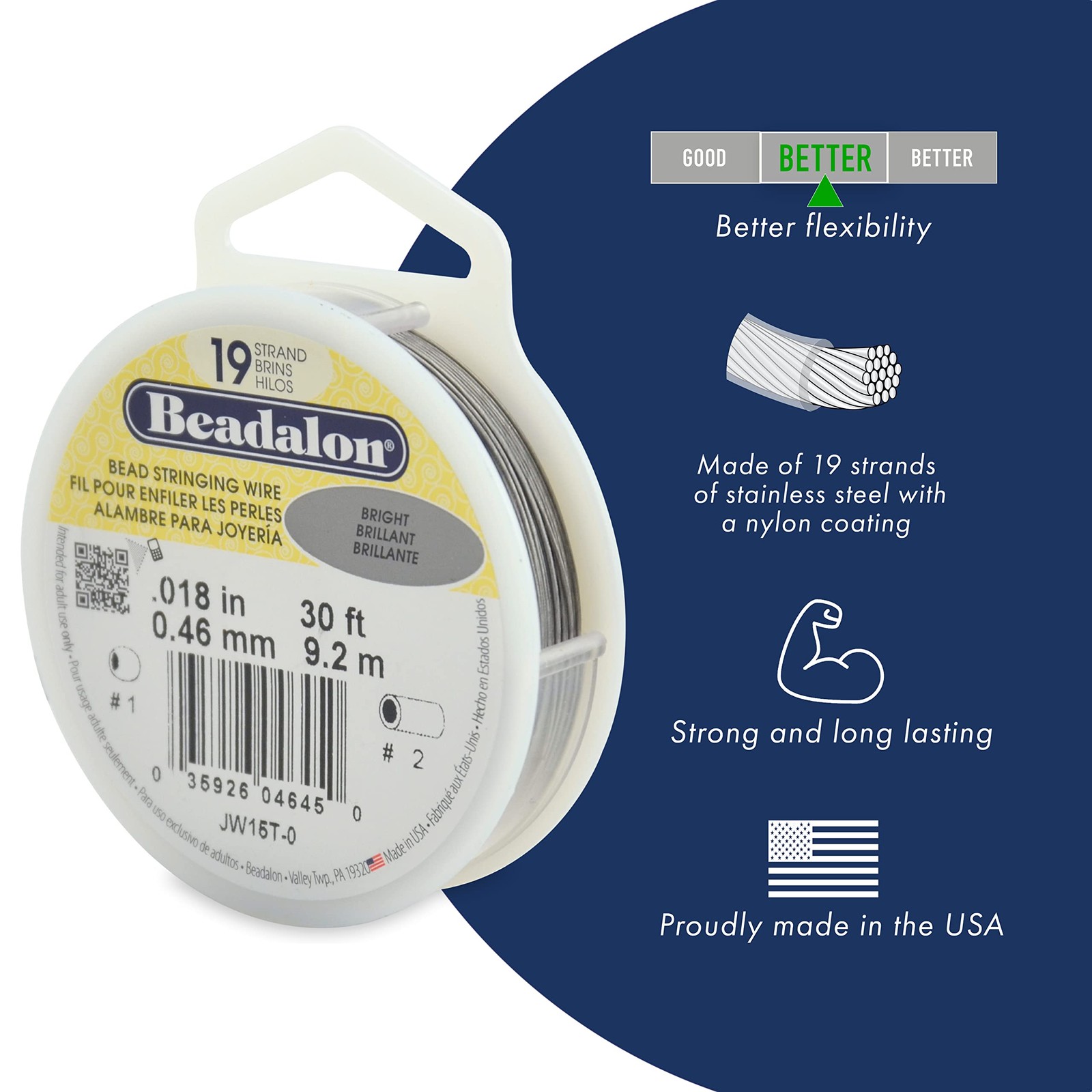 19 Strand Stainless Steel Bead Stringing Wire, .024 in / 0.61 mm, Bright, 100...