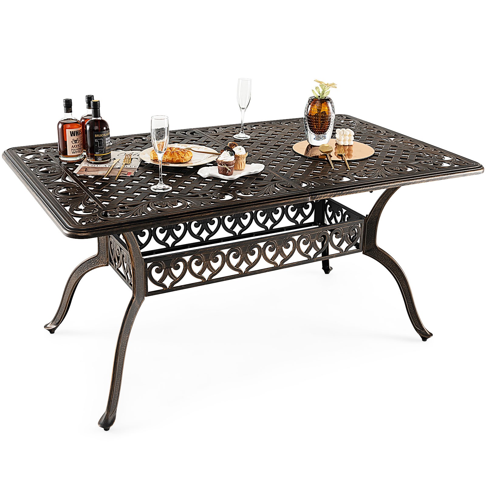 59" Outdoor Dining Table All-Weather Cast Aluminum Umbrella Hole 6 Person Bronze