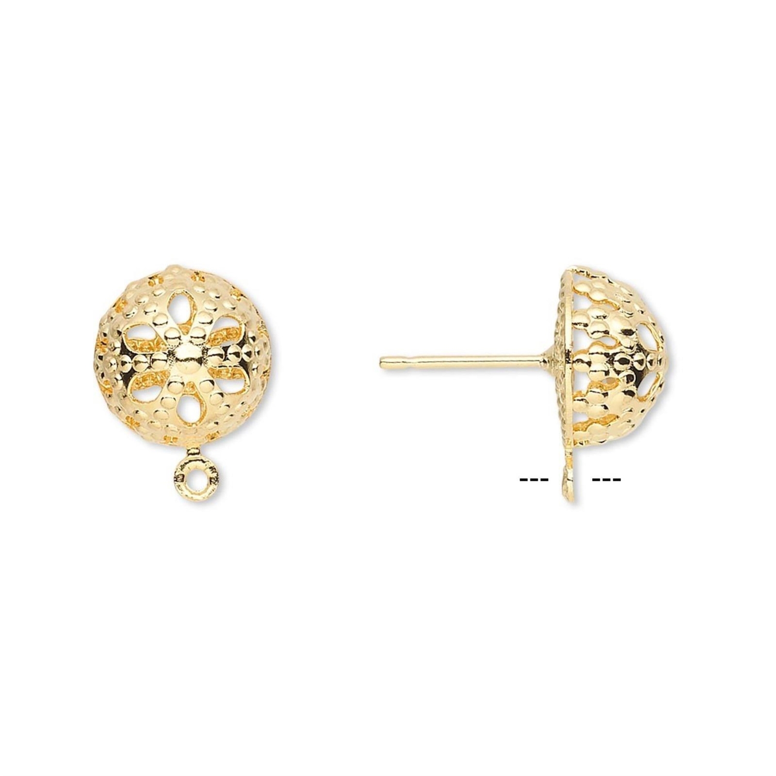 Gold 14K Plated 10mm Filigree Dome & Loop Ear Studs Earring Findings 2 pcs