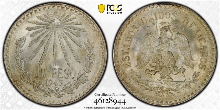 1943 M PCGS MS67 - MEXICO - Silver Un Peso Coin #45648A