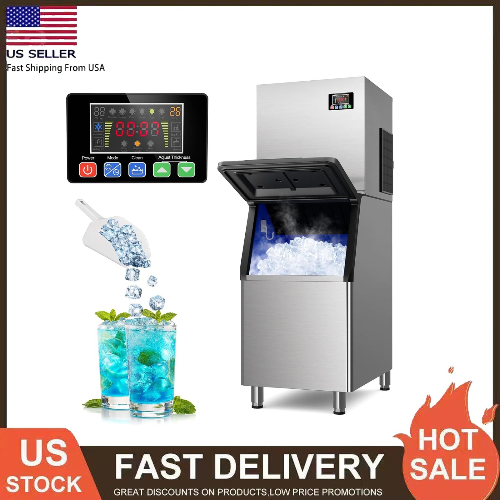 580LBS/24H Air Cooling Commercial Ice Maker Machine with 350lbs Storage Bin