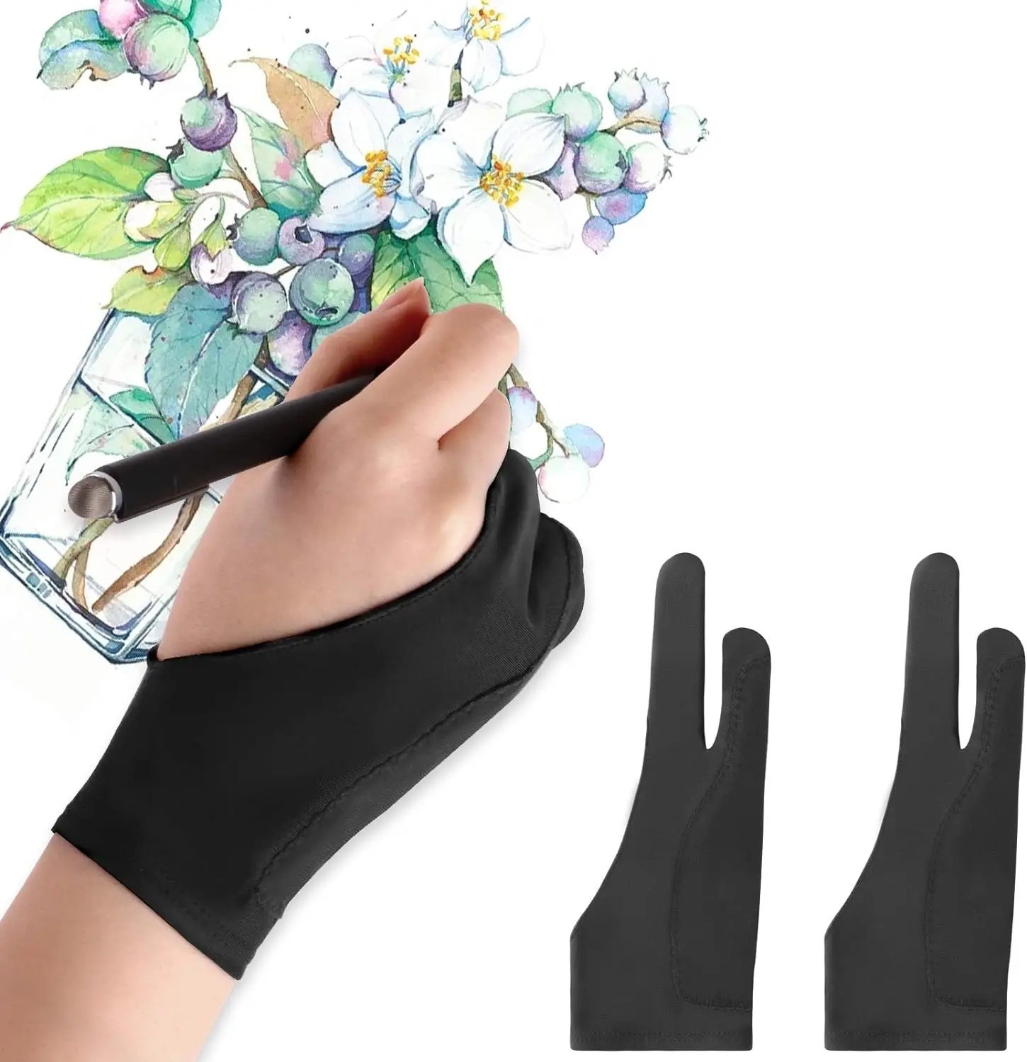 Two Finger Anti-fouling Glove Drawing & Pen Graphic Tablet Pad For Artist Black