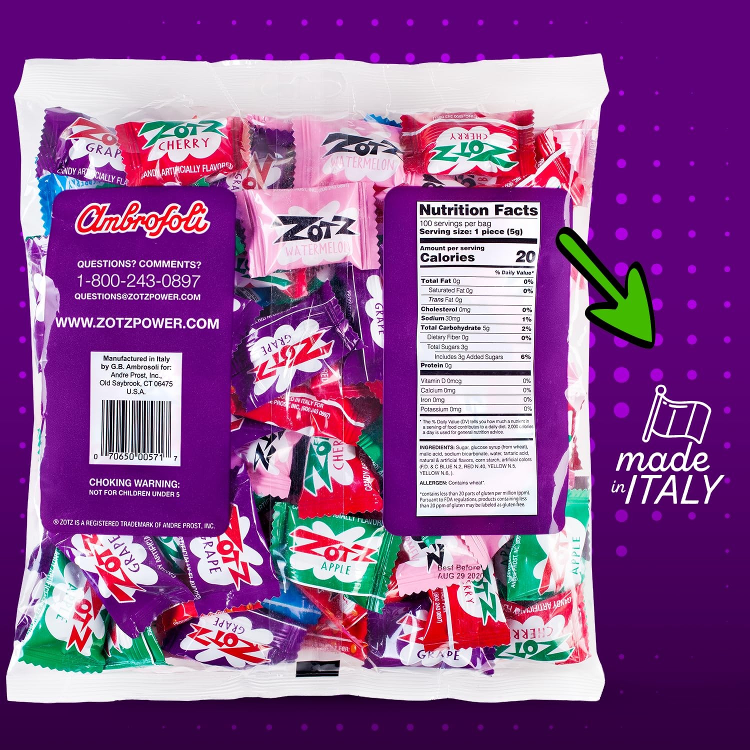 Zotz Fizzy Candy Bag, Assorted Flavors, 100 Count Bag