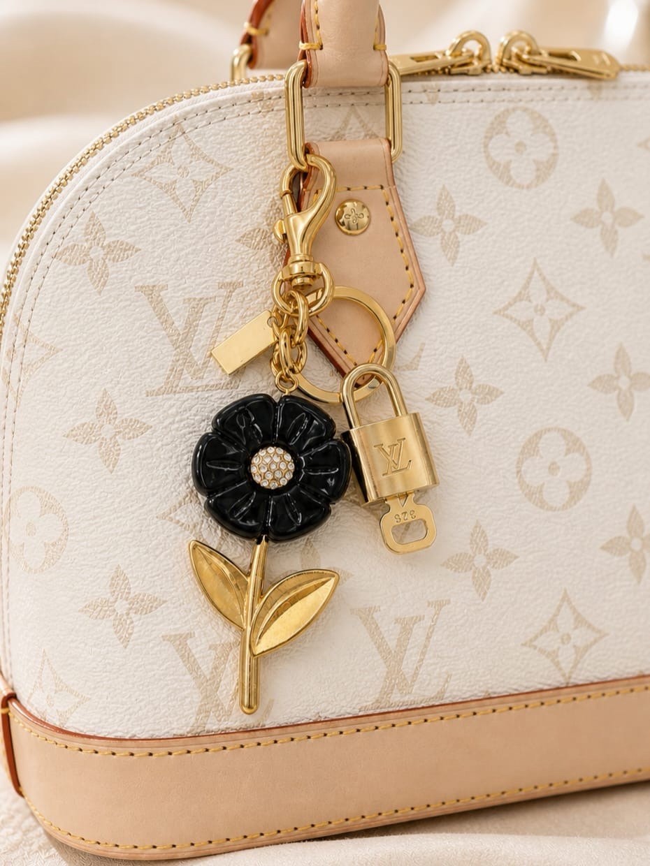 Authentic Louis Vuitton Gold Padlock with Unbranded Black Flower Enamel Bagcharm
