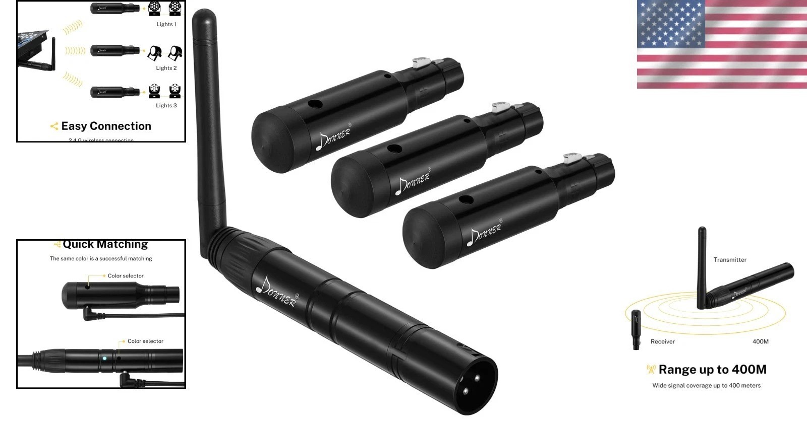 Donner Rechargeable DMX Wireless Controller: 1 Transmitter & 3 Receivers Bundle