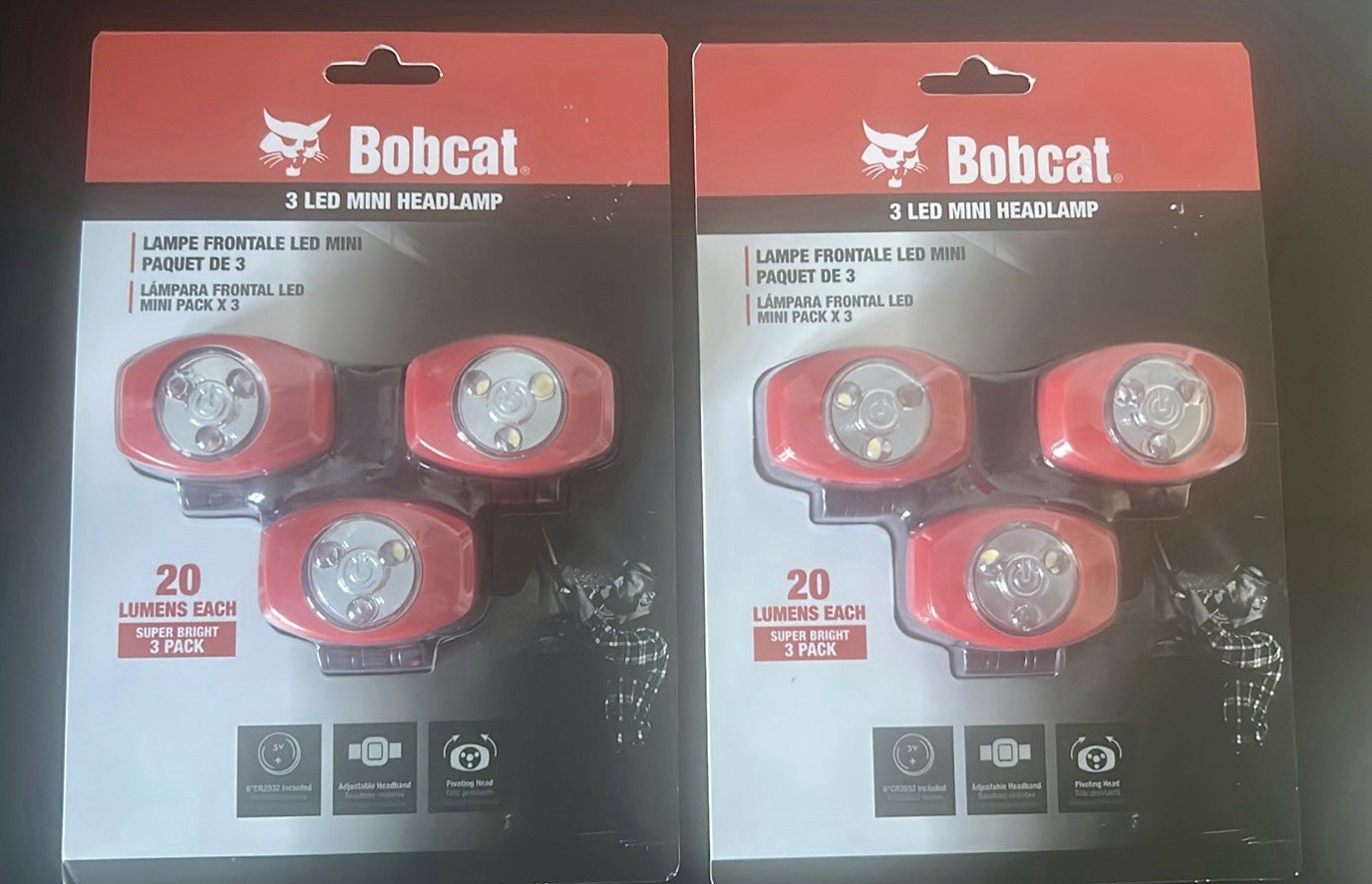 Set of 2 Bobcat Adjustable Elastic 3 LED Frontal Headlamp 20 Lumens Each New