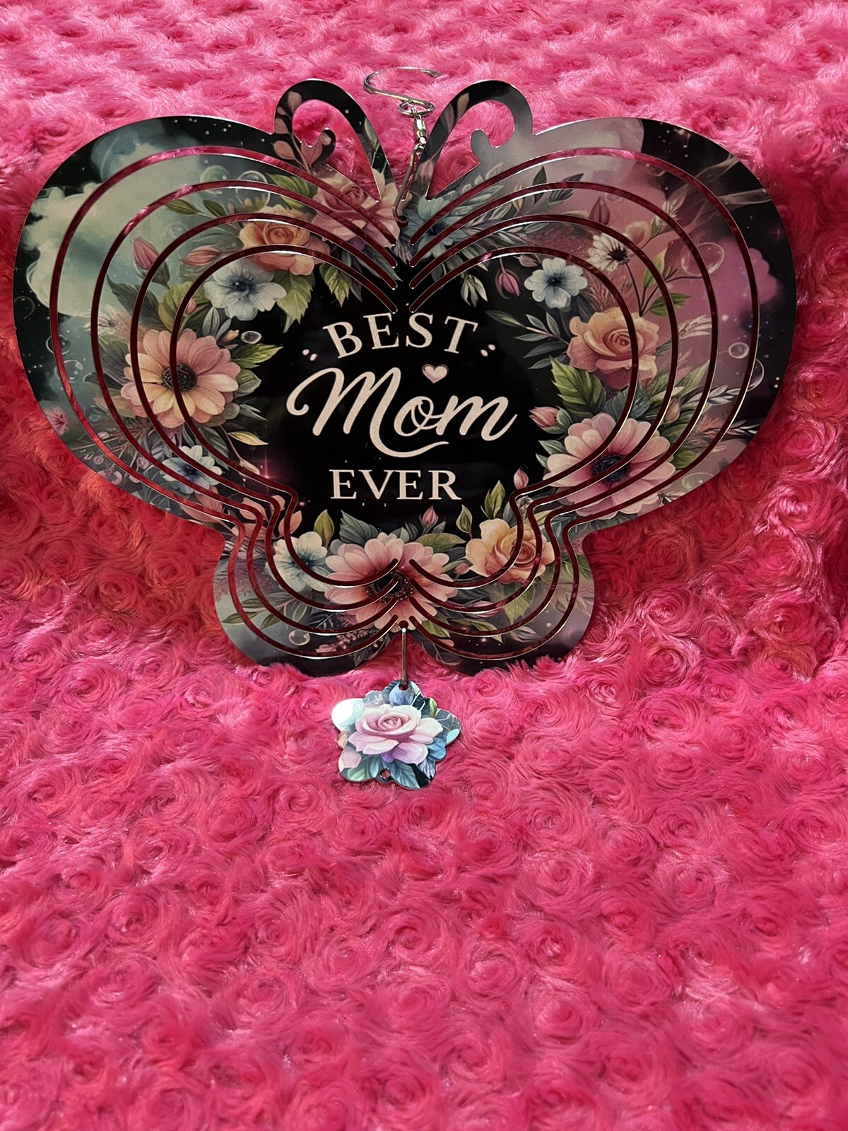Butterfly Shaped “Best mom”  Metal Windspinner With Suncatcher Tail