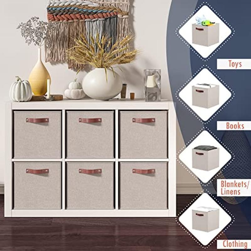 Foldable Storage Cube Bins 6 Pack Durable Fabric Box Organizer W/ Handles Beige