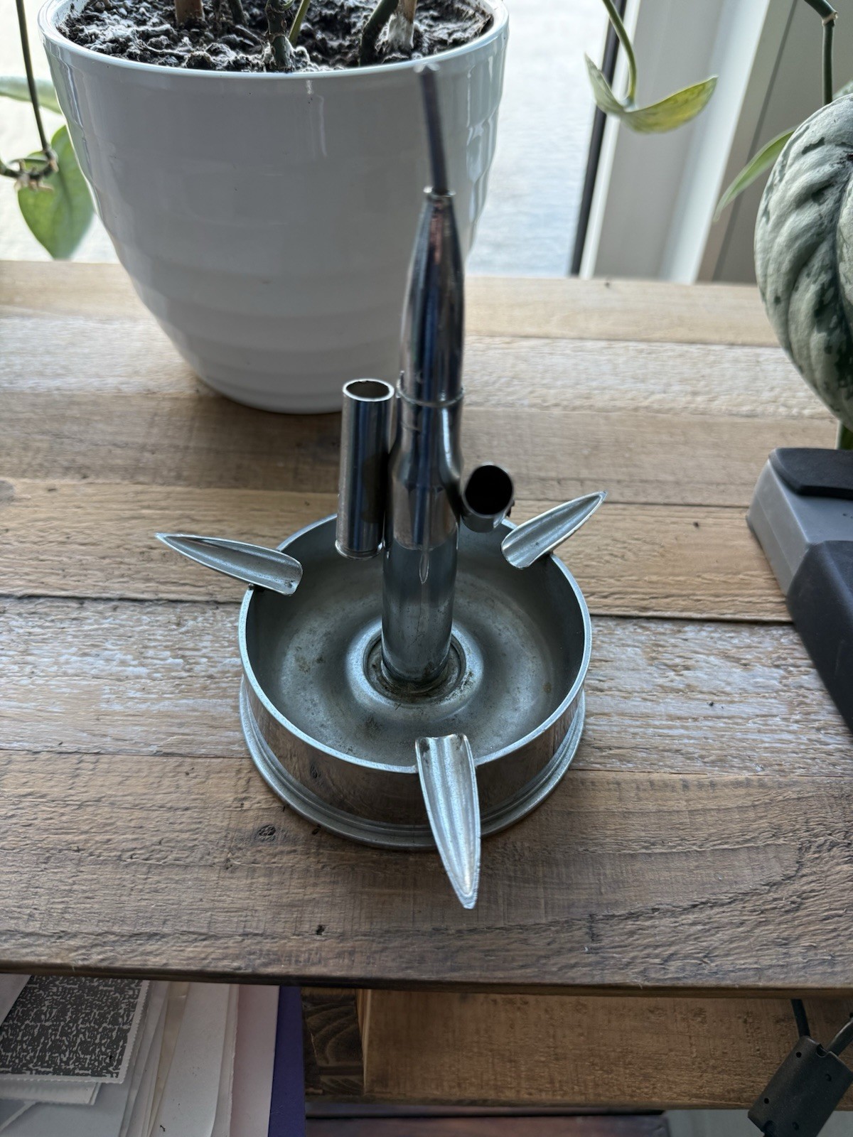 WWII 1943 Trench Art Desk Model – 25 Pounder Shell Base with Aircraft / Ashtray