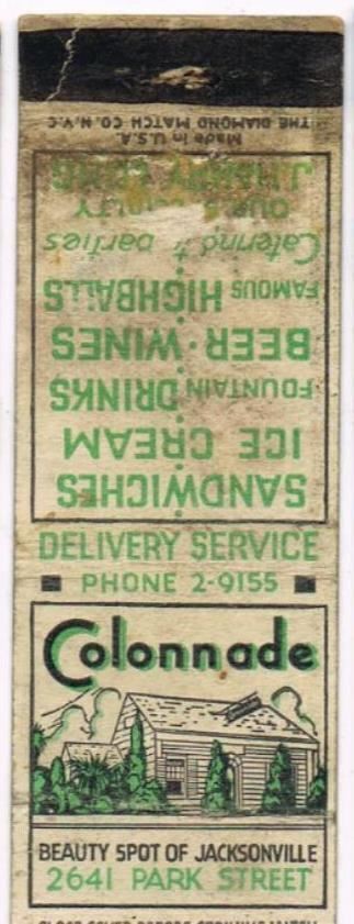 1930s Colonnade Restaurant Jacksonville, FL Florida Matchbook Cover-RA8-B10