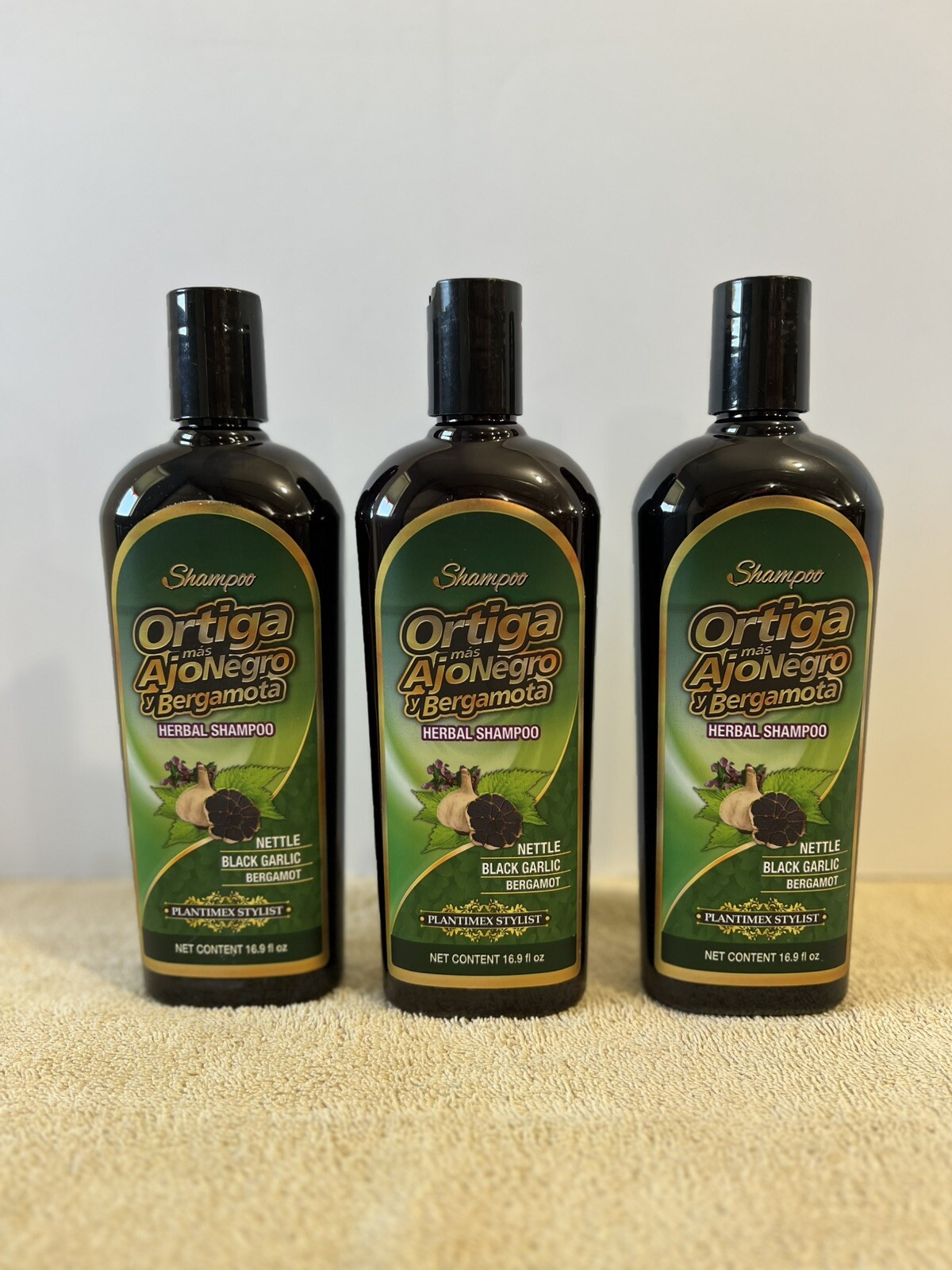 3Pack Ortiga+Ajo Negro Bergamota Shampoo Nettle Black Garlic Bergamot 16.9 Oz Ea