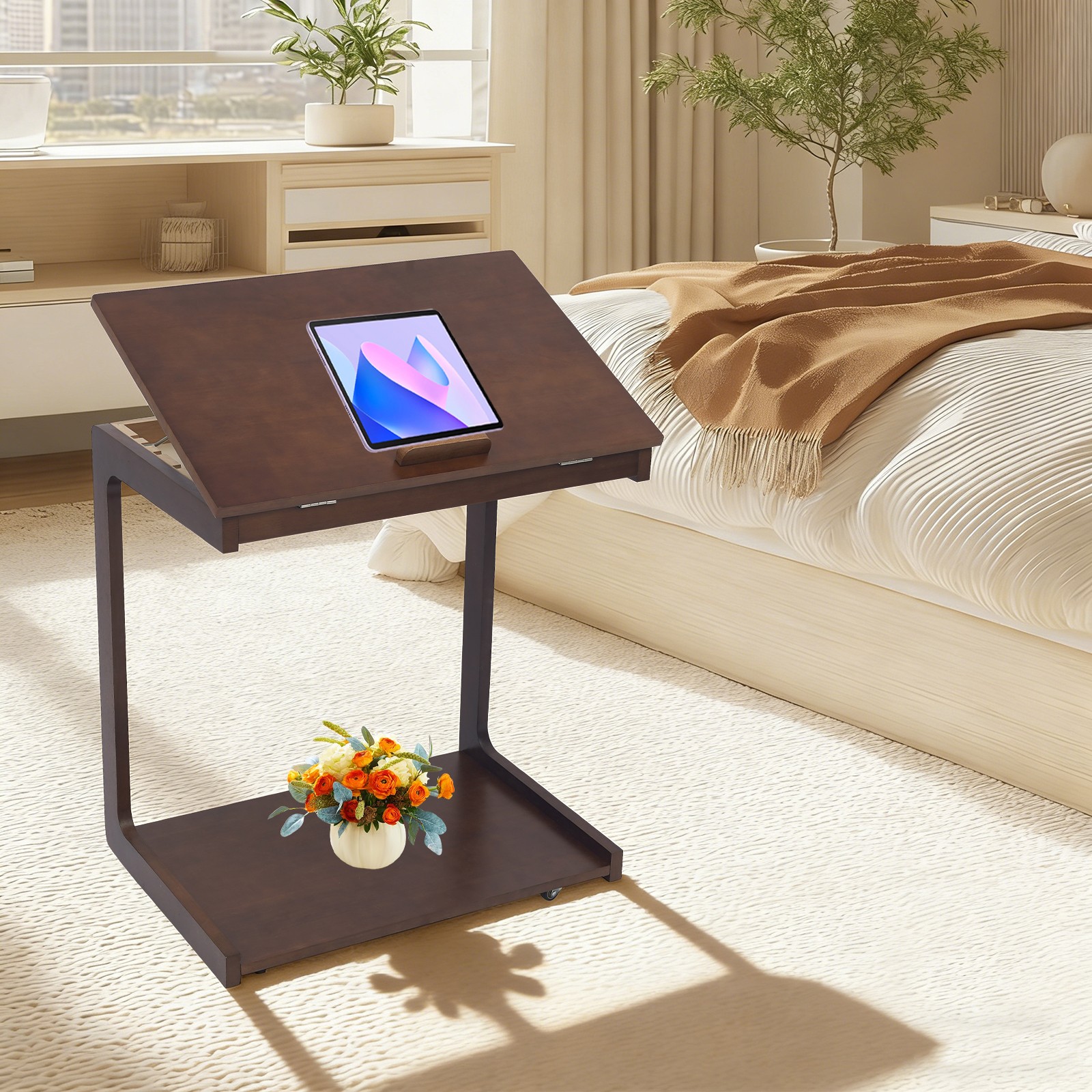 C-Shaped Wooden Side Table Sofa Side Table Rolling Side Table w/Flip Desktop
