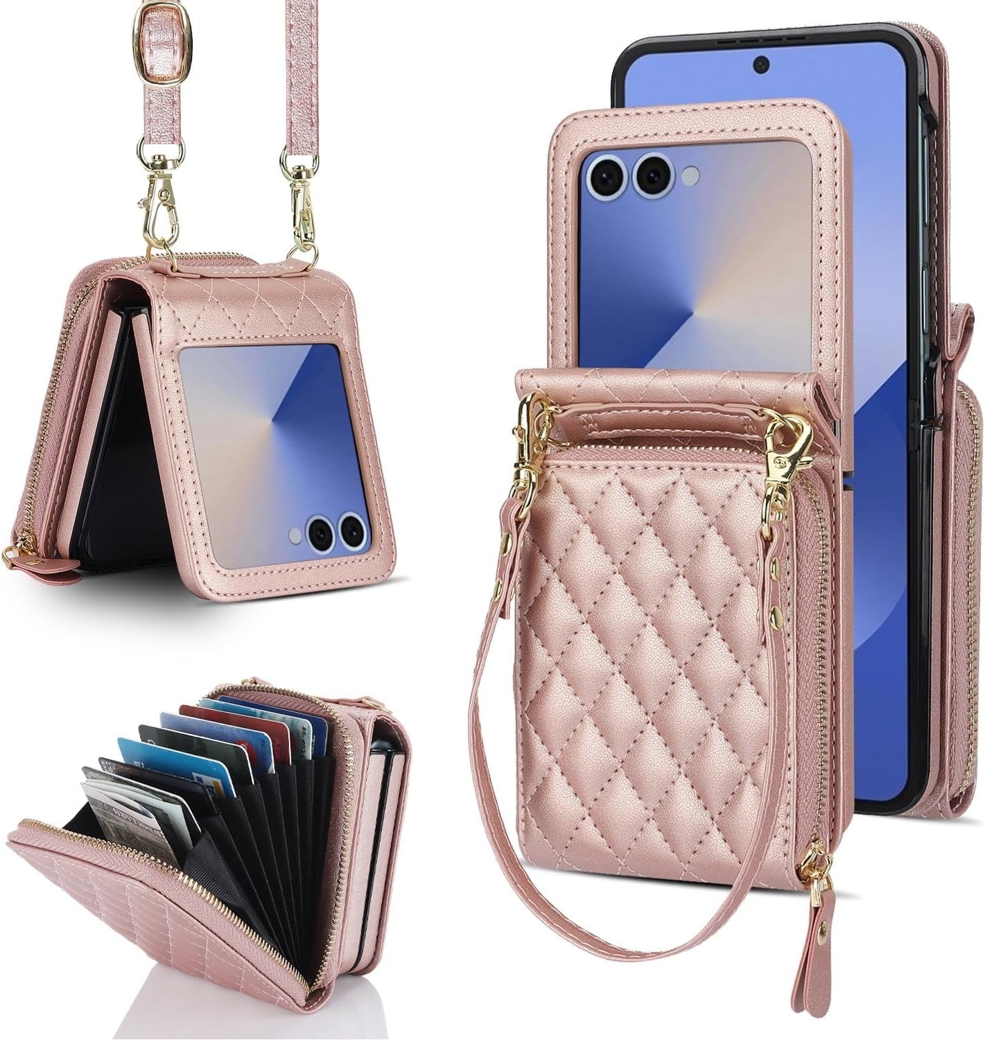 Wallet Case For Samsung Z Flip 7  - 8 Card Slots, Detachable Strap, PU Leather