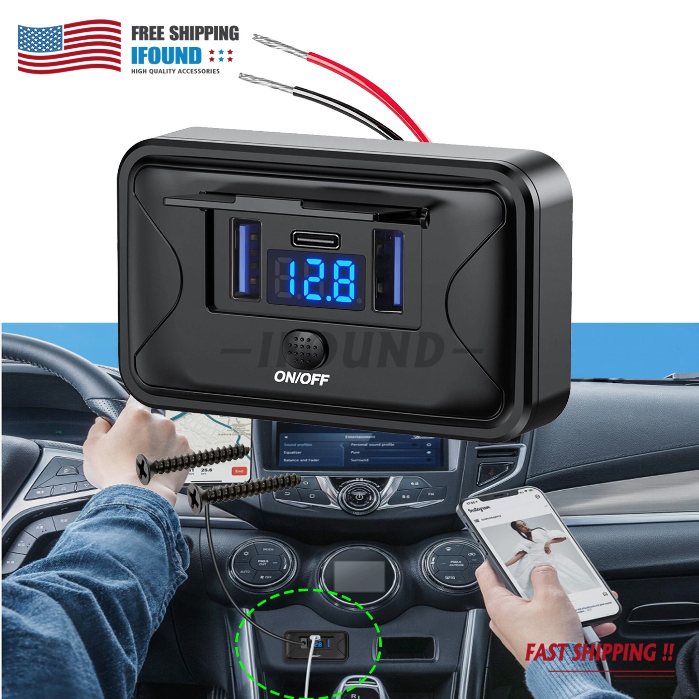 1X Dual USB 12V-24V QC3.0&PD Car Fast Charger Socket Power Outlet On-Off Switch