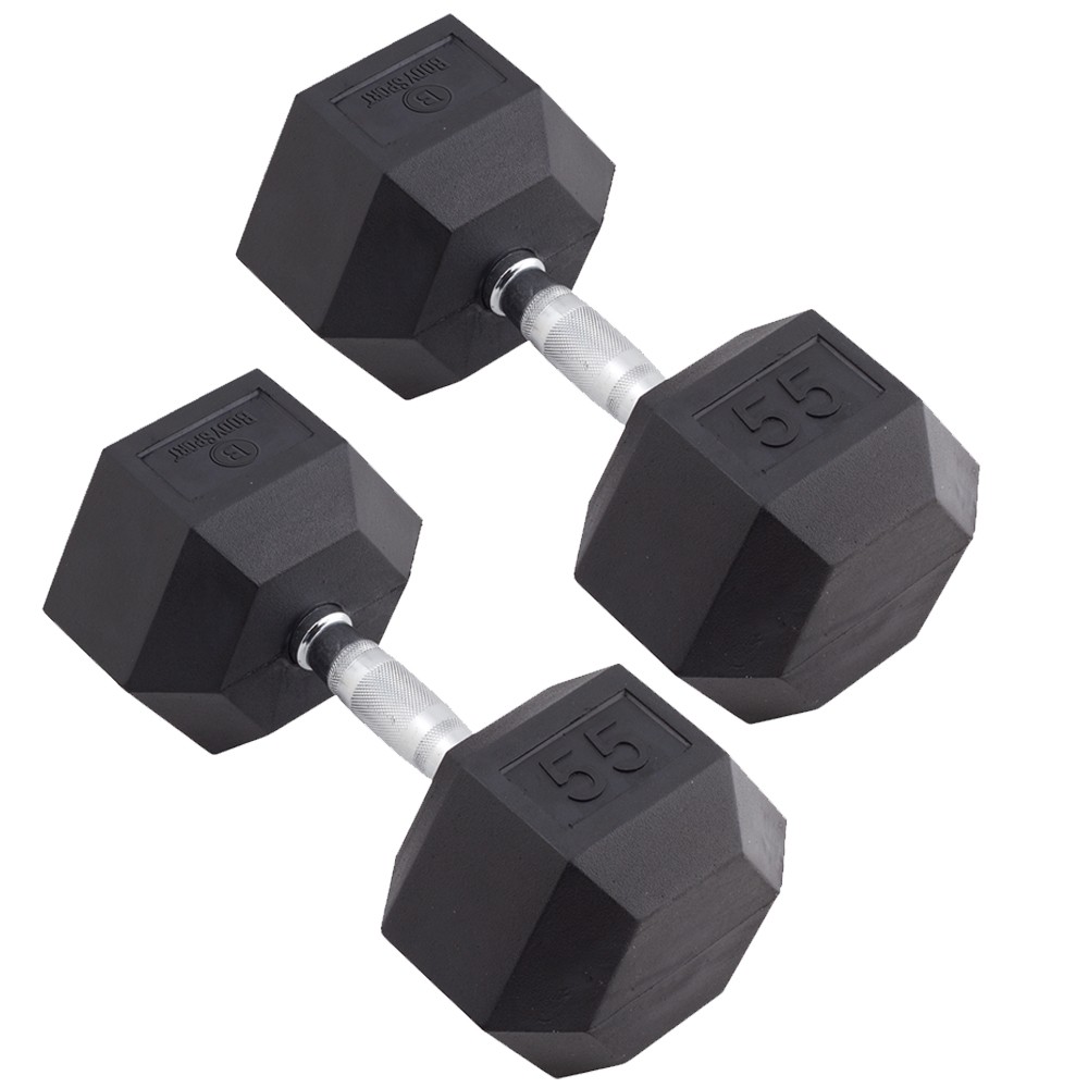 Body Sport Rubber Encased Hex Dumbbell Weight –  Exercises – 55 lb Pair