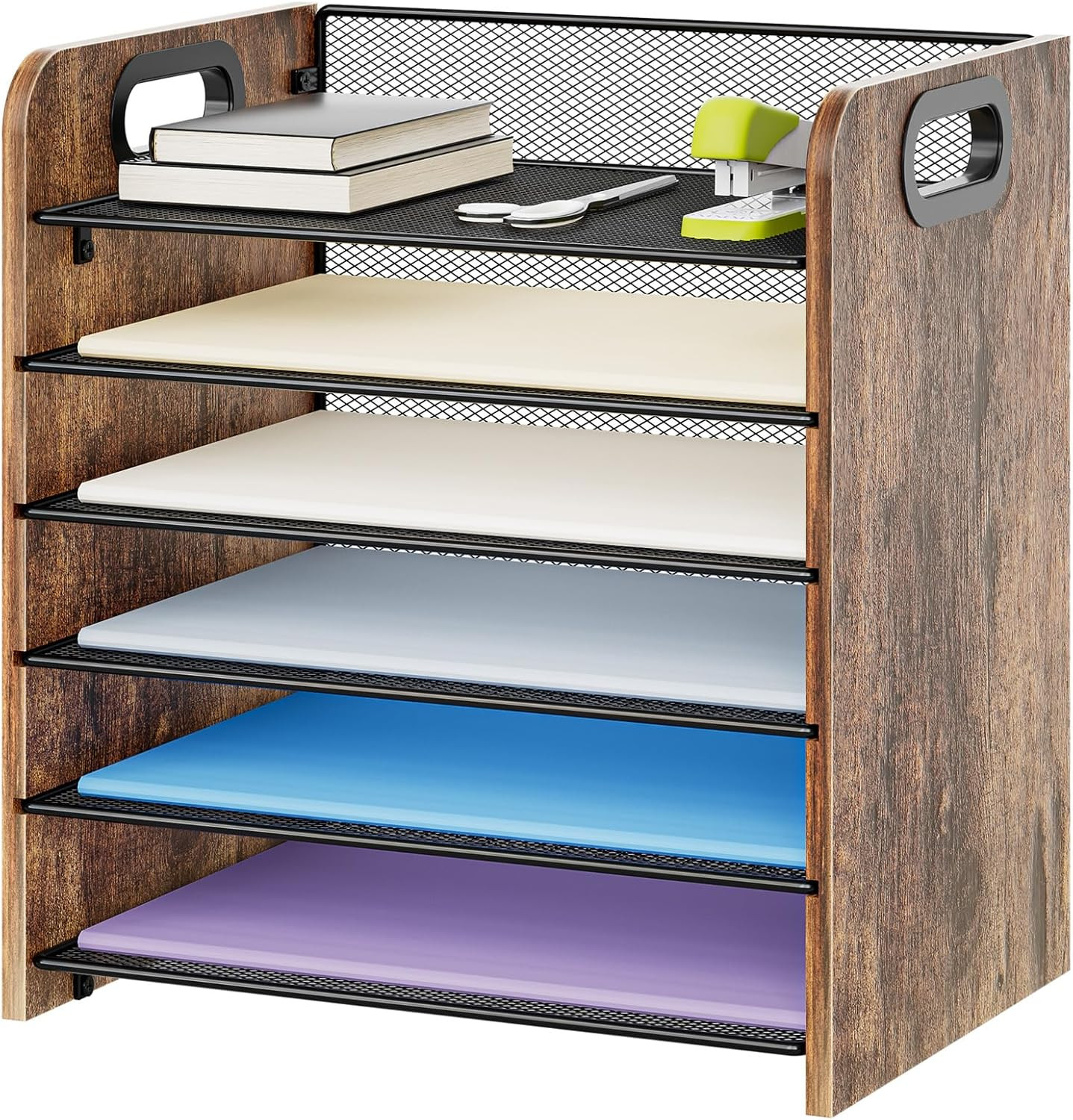 6 Tier Paper Organizer Letter Tray - Wooden Desk File Organizer with Handle, Pap