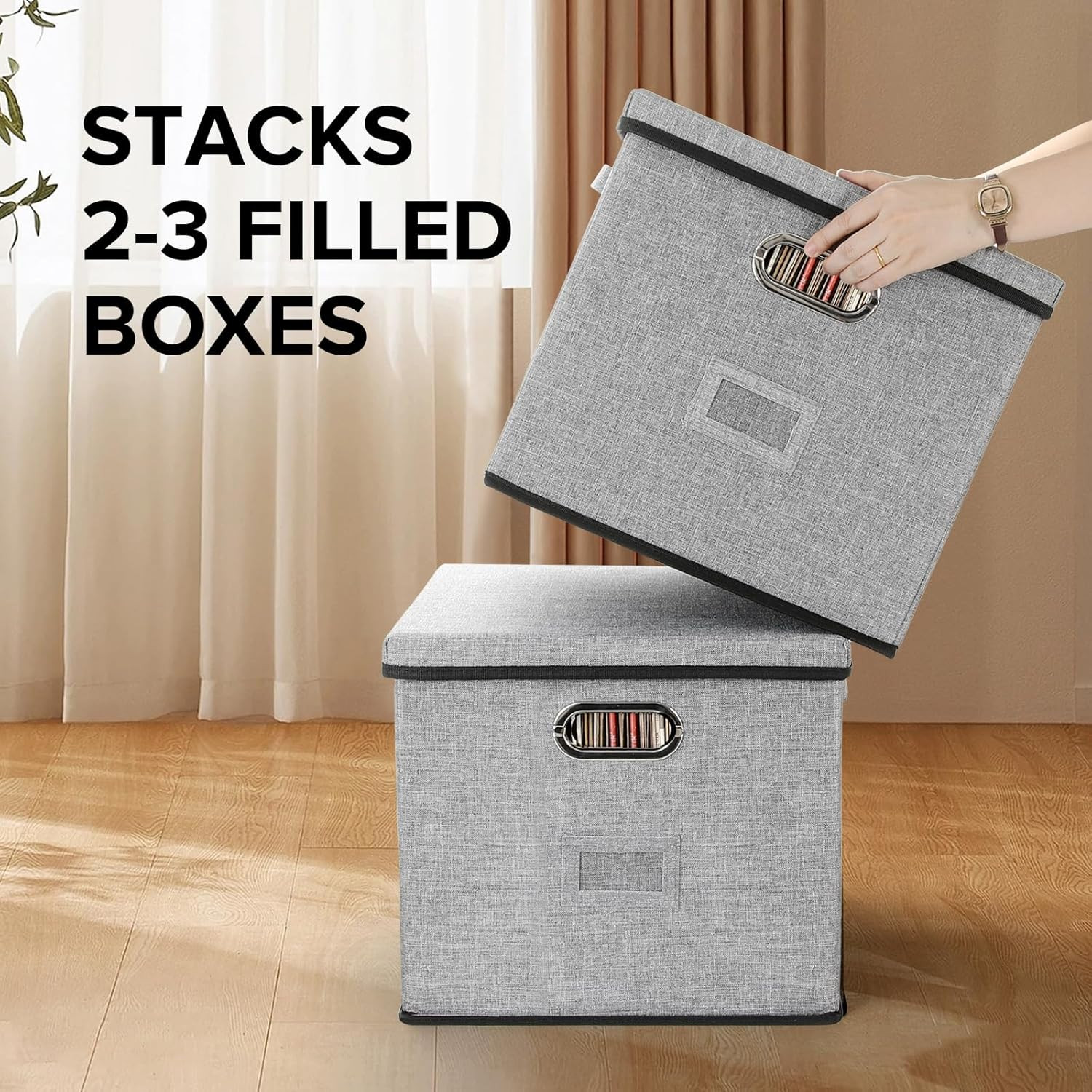 Vinyl Record Storage Box Hold 100+ 12" Albums Stackable LP Storage Bin with Lid