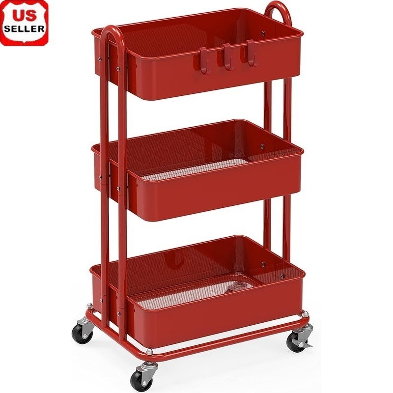 Heavy Duty Metal Storage Cart 3 Baskets Locking Casters Kitchen Organizer New