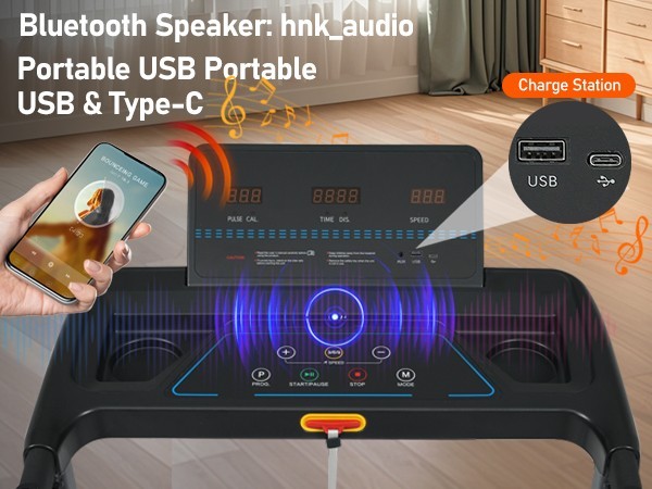 Foldable Treadmill 8% Incline 3.0HP 10MPH Type C & USB Charge Bluetooth Speaker