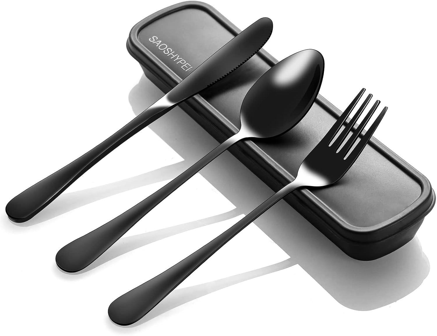 SAOSHYPEI Travel Utensils with Case, 4-Piece Stainless Steel Set, Black | Reusab