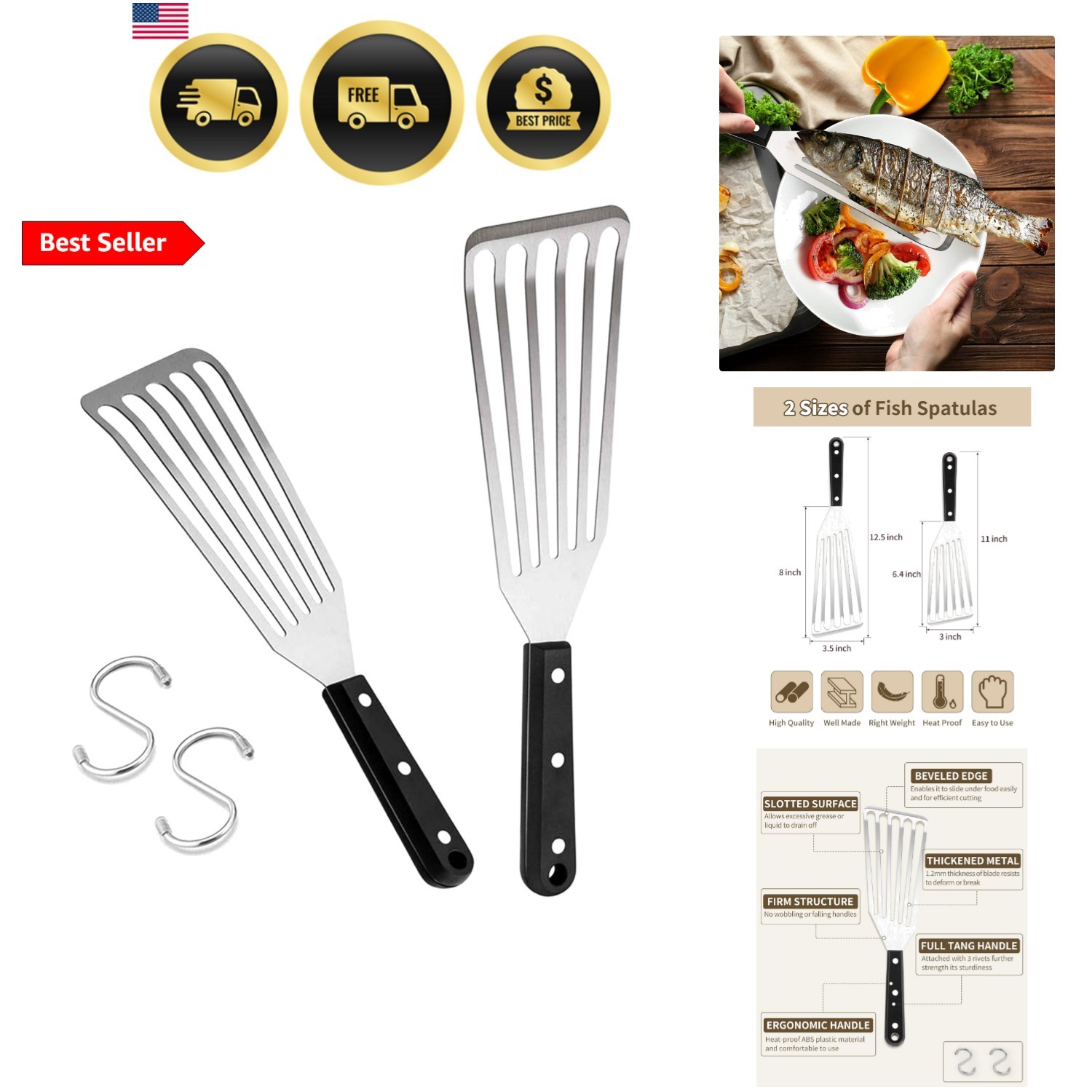 2 Pack Fish Spatula Turner, 12.5" & 11" Stainless Steel Slotted Spatula Set f...